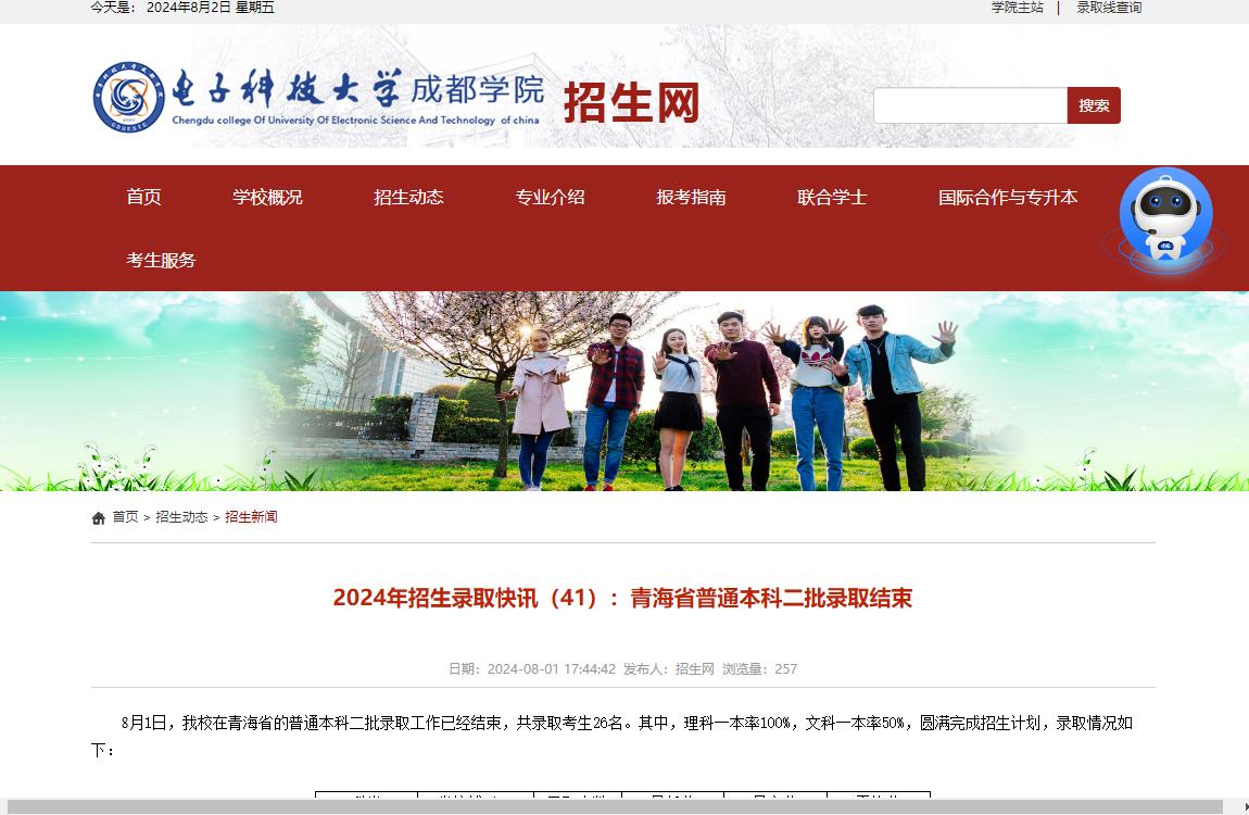 2024年电子科技大学成都学院录取查询