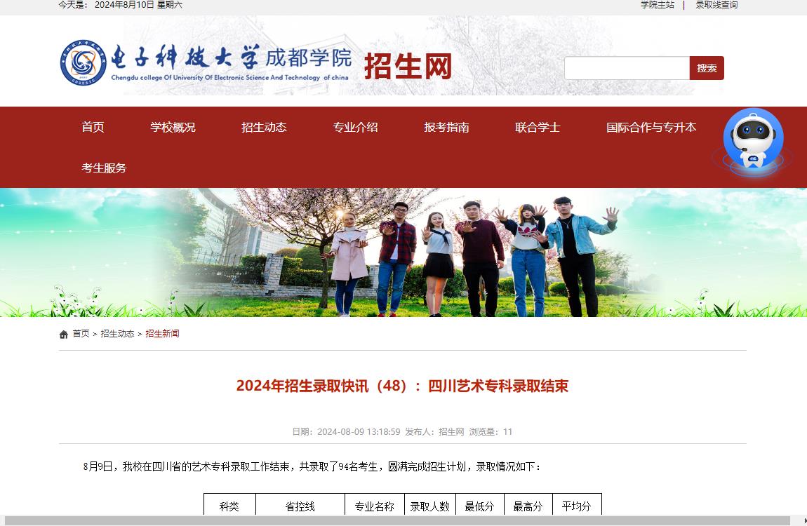 2024年电子科技大学成都学院录取查询
