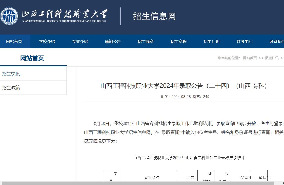 2024年山西工程科技职业大学普通类录取分数线