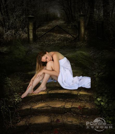 PS合成黑夜中提灯静坐的美女